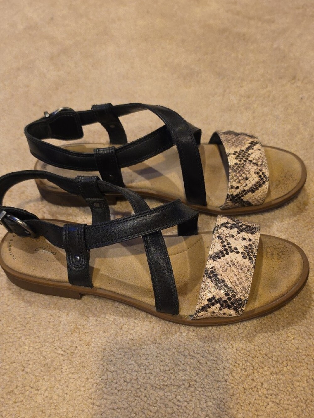 Women’s Black Strappy Sandals with Snake-Print Toe Strap - Picture 2 of 3